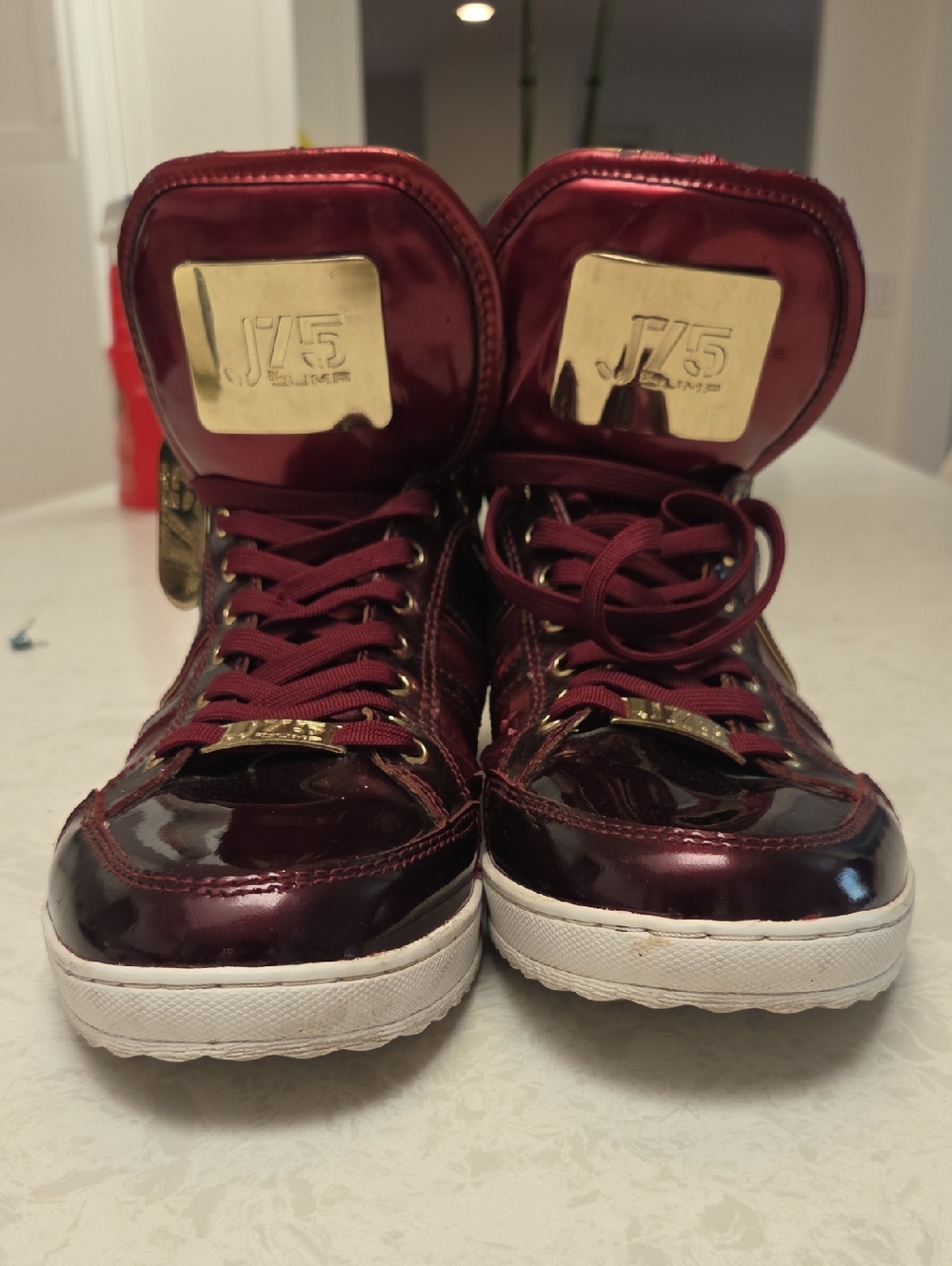 J/75 Men's Burgundy Red High-Top Men's Sneakers with Gold Accents (12)